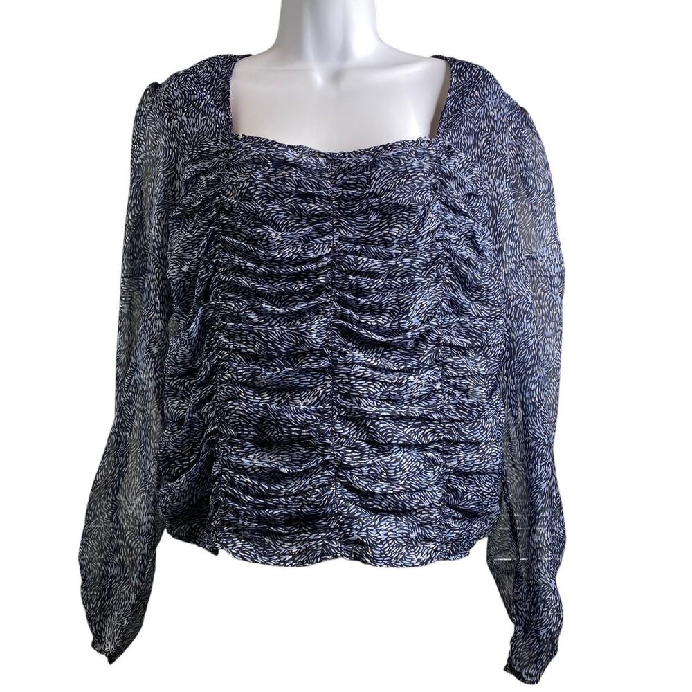 Anthropologie Ranna Gill Blue Mylene Ruched Blouse Size L Boho Long‎ Sleeve